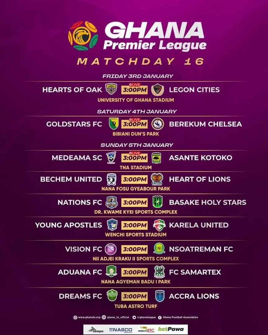 Fixtures: Ghana Premier League Matchday 16