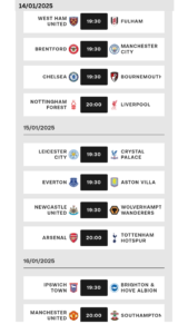 English Premier League Match Day 21 Fixtures