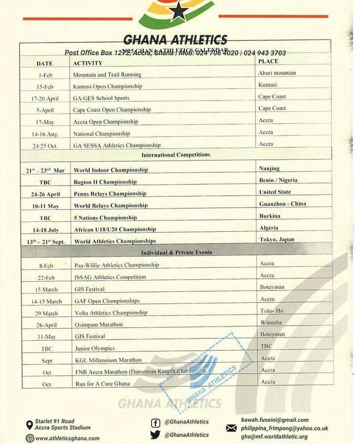 2025: Ghana Athletics Calendar