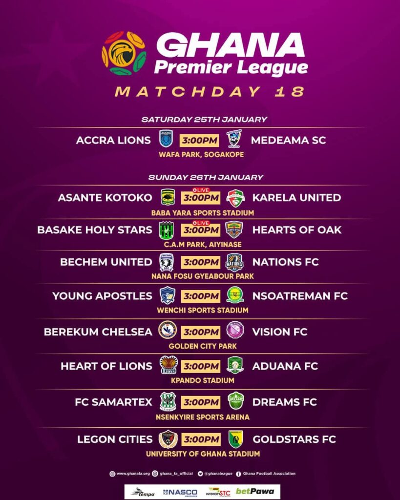 Ghana Premier League MD 18 Fixtures