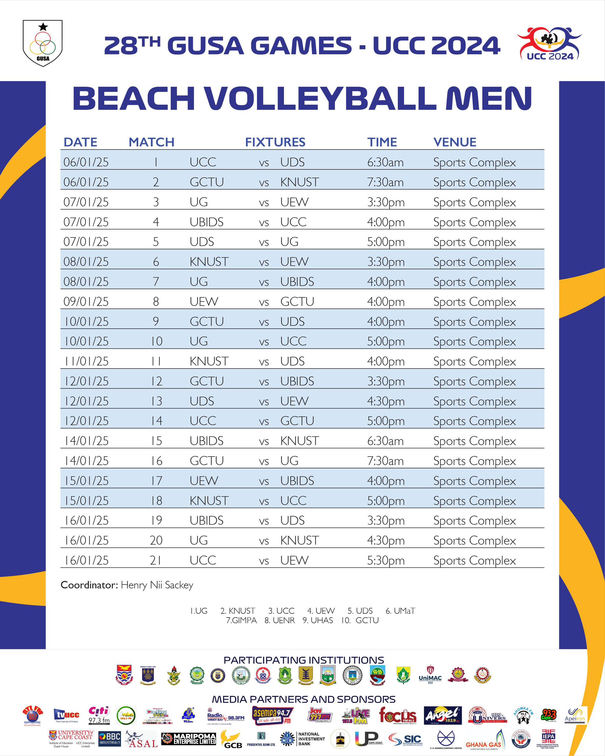 GUSA 2024: Beach Volleyball Men's Fixtures