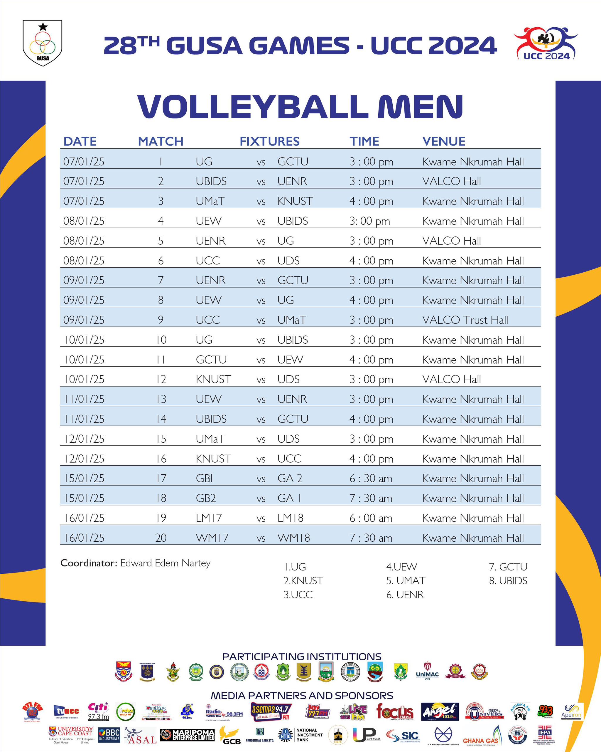 GUSA 2024: Men's Volleyball Fixtures