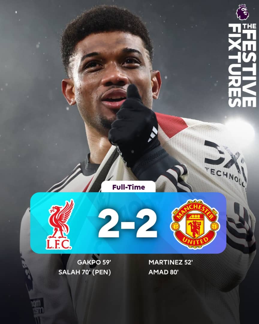 Amad's late goal earns Man Utd draw in thriller at Liverpool