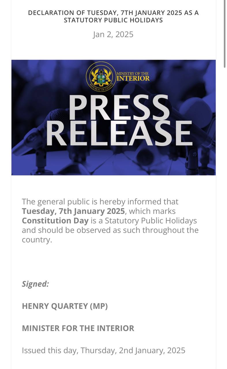 Tuesday 7 January Declared as a Statutory Public Holiday