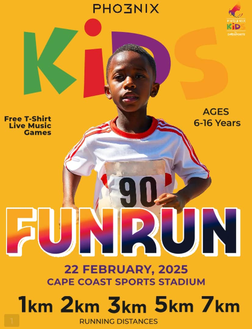 Pho3niz Kids Run Cape Coast Get ready for an exciting and energetic day at the Pho3niz Kids Run Cape Coast 2025, a fun-filled racing experience for young champions. This is happening on Saturday, February 22, 2025, at the Cape Coast Stadium, Central Region. This fun run is designed for kids aged 6 to 16 years, promoting fitness, fun, and friendly competition. Race Categories: Participants will compete in different race distances based on their age groups: 1K – Ages 6-7 years 2K – Ages 8-9 years 3K – Ages 10-11 years 5K – Ages 12-13 years 7K – Ages 14-16 years Perks & Benefits: ✔ Free Registration for all participants! ✔ Free T-shirts for every registered runner. ✔ A fun and supportive environment for young runners of all levels. Registration Requirements: Before signing up, make sure to have the following details ready: Email Address Full Name Gender Date of Birth Race Category Phone Number Emergency Contact Current School Agreement to the Terms & Conditions After filling out the form, simply submit your registration and get ready to run. REGISTER HERE Don’t miss out on this amazing opportunity to have fun, stay active, and challenge yourself! Click here to register now.