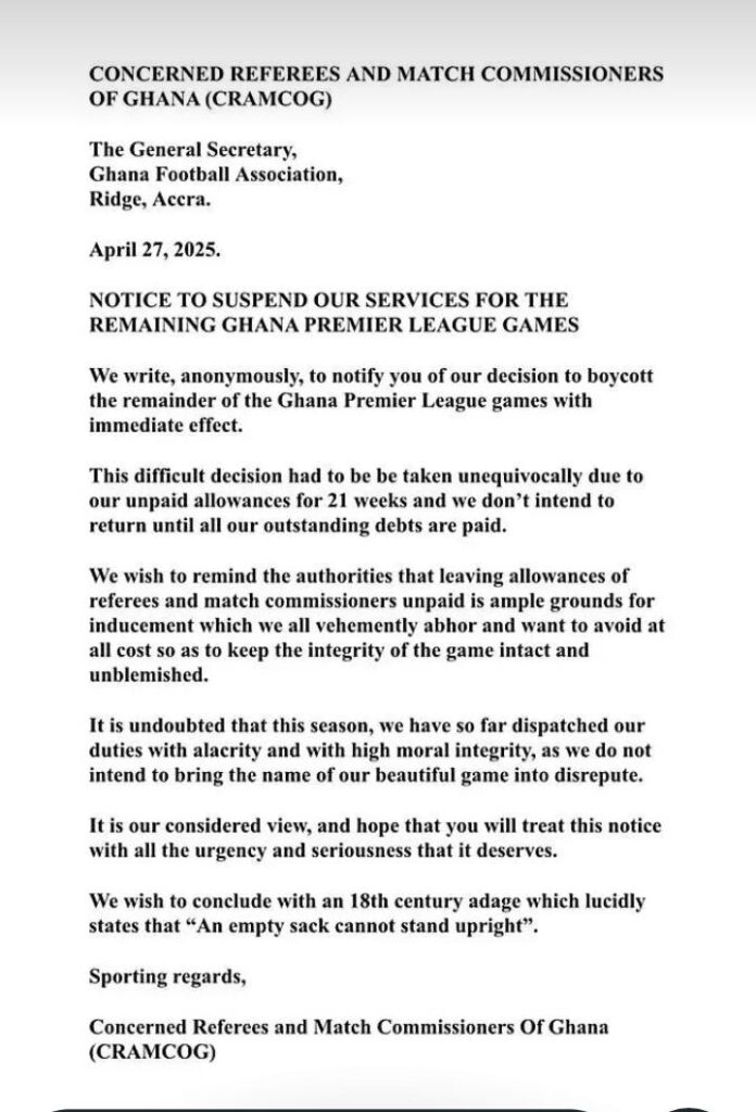 Ghana Premier League Faces Crisis as Referees and Match Commissioners Boycott Over Unpaid Allowances