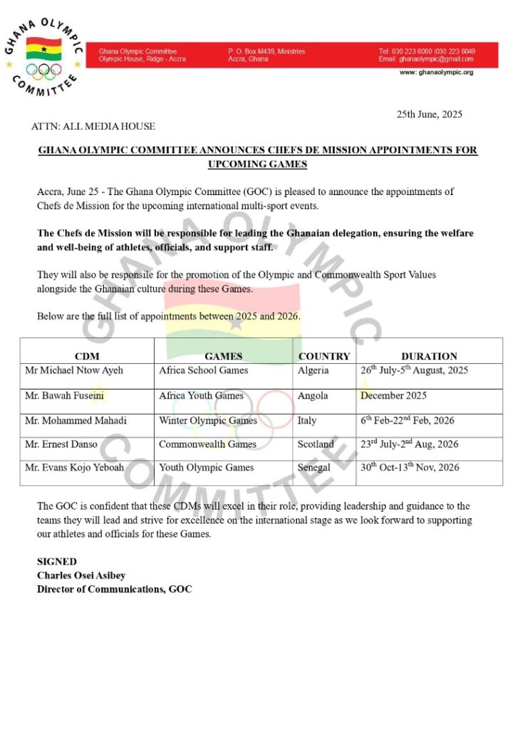 Ghana Olympic Committee Names Delegation Leaders for Major International Games Through 2026