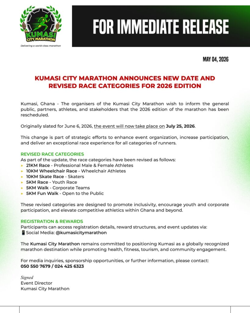 Kumasi City Marathon Rescheduled to July 25 with New Race Categories for 2026 Edition