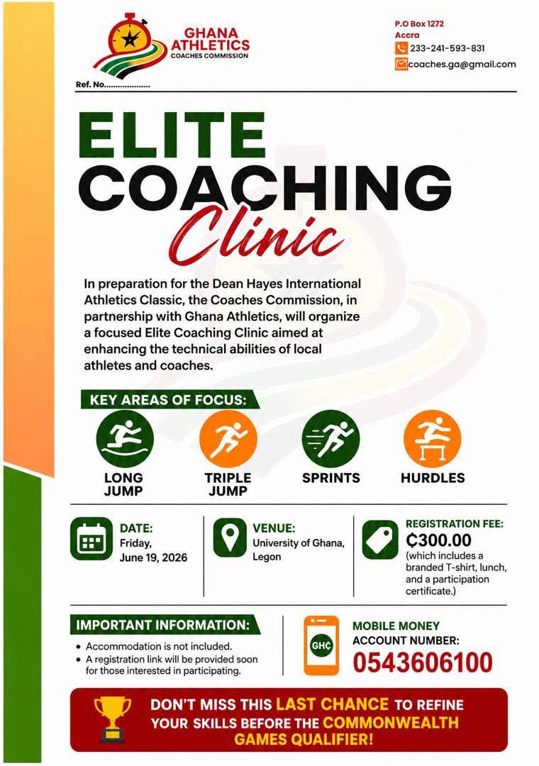 Ghana Athletics Coaches Commission to Organize Elite Coaching Clinic Ahead of Dean Hayes International Athletics Classic